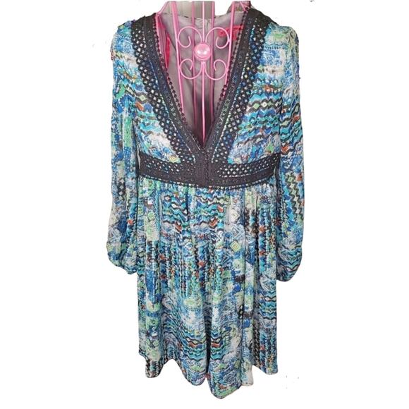 Betsey Johnson Gypset Watercolor Print Crochet trim Boho Chiffon dress size 6 - Picture 1 of 13